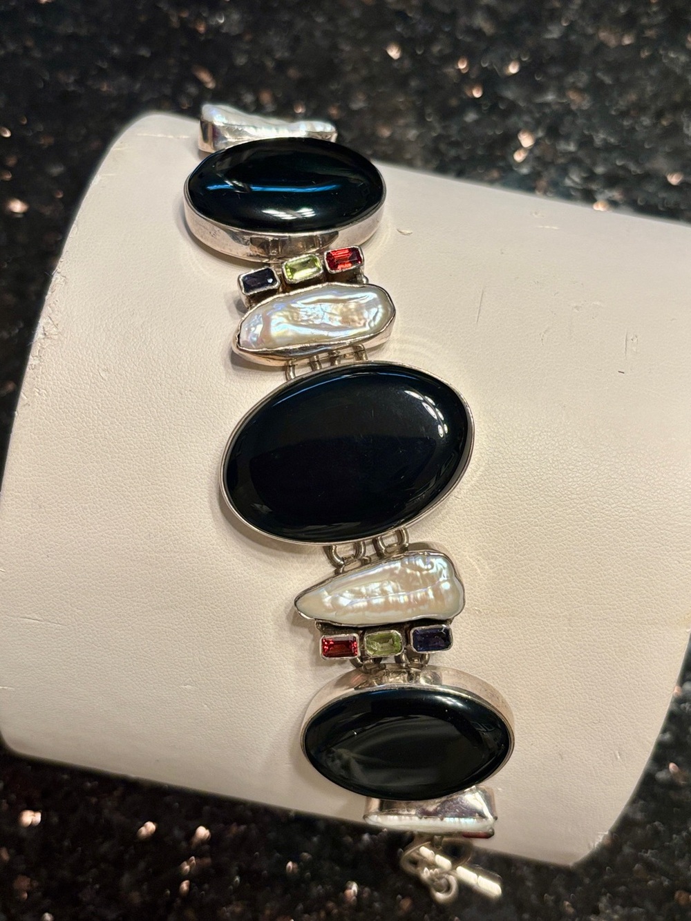 Large Sterling Silver Black Onyx Biwa Pearl Garnet Peridot Iolite Bracelet
